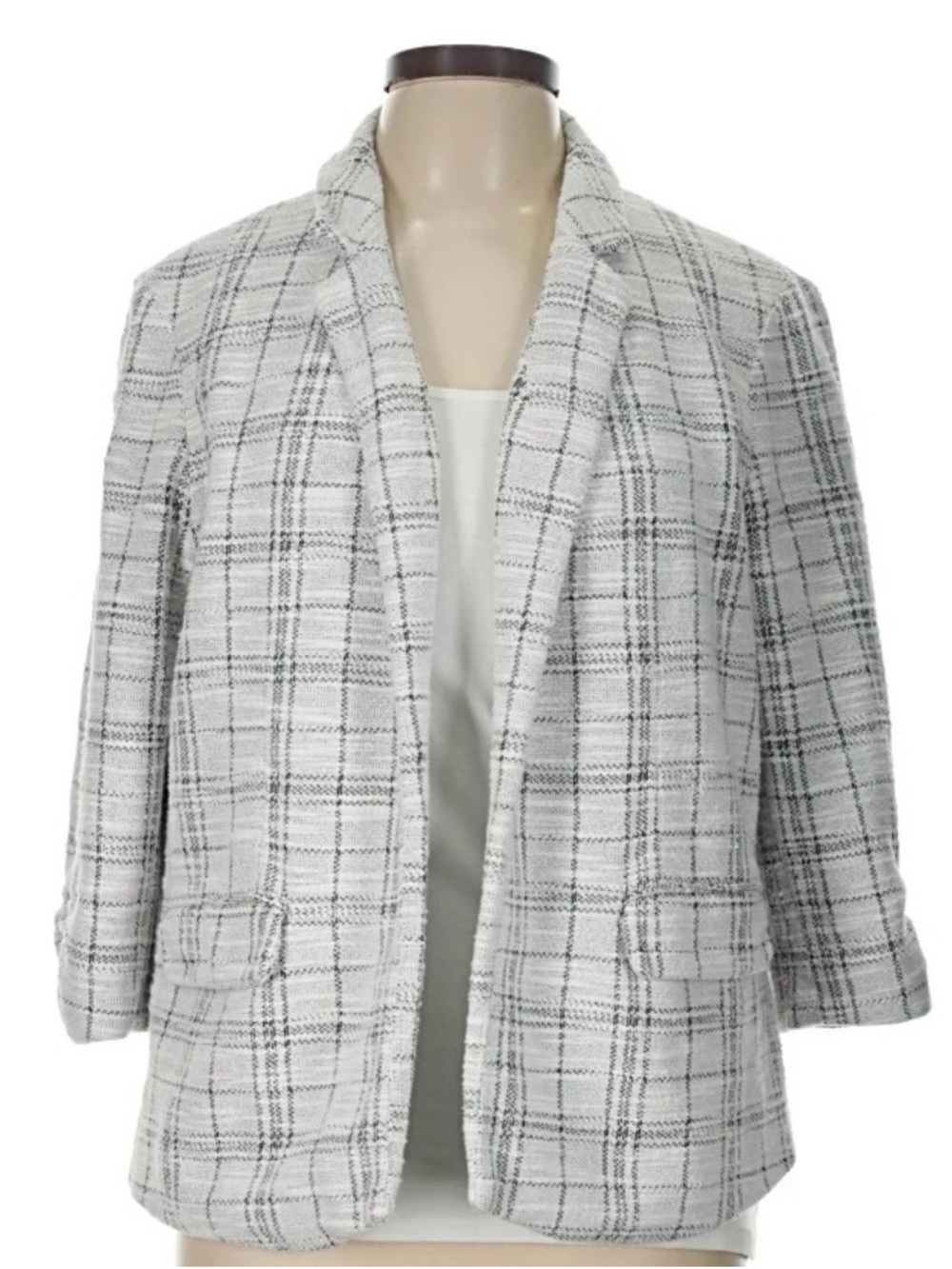 Elle White Plaid Open-Front Blazer - Large